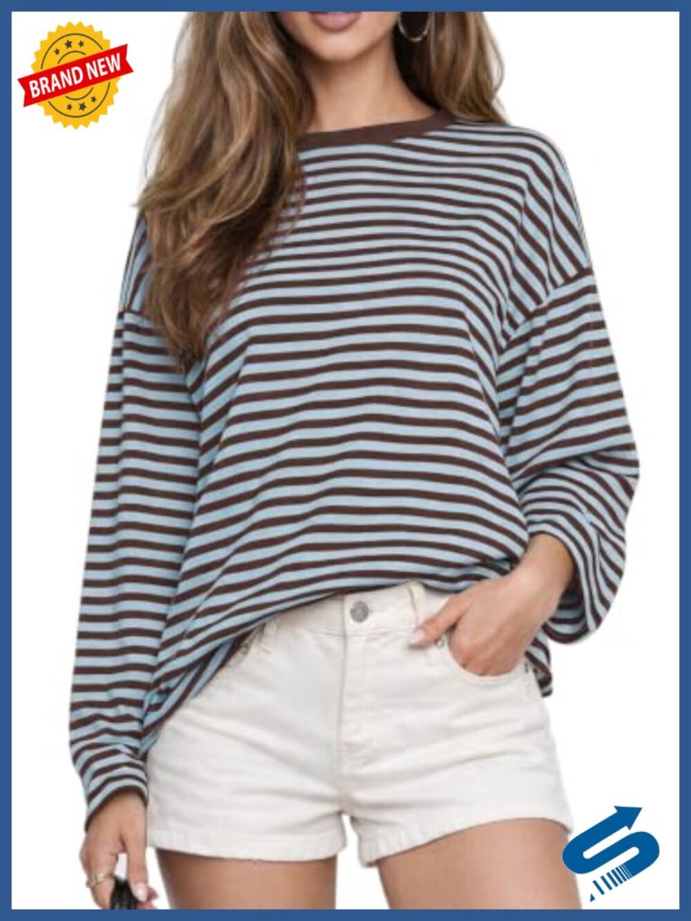 Oversized Striped Long Sleeve Tee - Cotton Blend, Crew Neck, Y2K Style